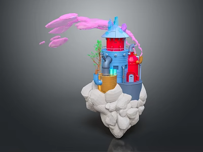 Cartoon Scene Featuring Red Blue Building Green Plant Yellow Bucket Pink Smoke On Clouds 3d model