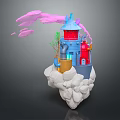 Cartoon Scene Featuring Red Blue Building Green Plant Yellow Bucket Pink Smoke On Clouds