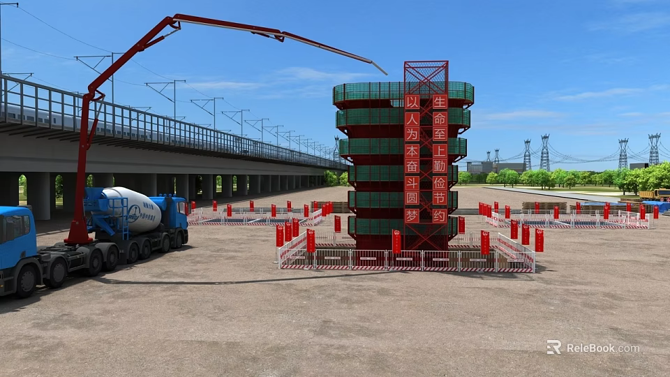 Construction Site Featuring Tower Crane Concrete Mixer Safety Barriers And High Rise Building 3d model 