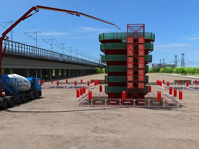 Construction Site Featuring Tower Crane Concrete Mixer Safety Barriers And High Rise Building 3d model