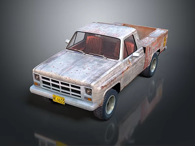 Old Rusty Pickup Truck With Faded Paint Open Bed Grille And Yellow License Plate 3d model