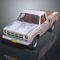 Old Rusty Pickup Truck With Faded Paint Open Bed Grille And Yellow License Plate