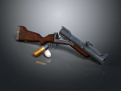 Vintage Gun With Wooden Stock And Two Bullets Golden White Displayed On Dark Background 3d model