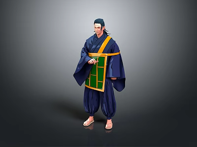Game Movie Character In Traditional Dark Blue Robe With Green Yellow Accents Holding Scroll Barefoot 3d model