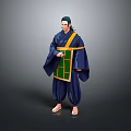 Game Movie Character In Traditional Dark Blue Robe With Green Yellow Accents Holding Scroll Barefoot