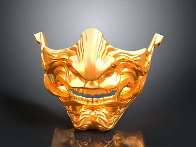 Golden Ornate Carved Mask With Intricate Facial Features And Shiny Surface 3d model