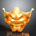Golden Ornate Carved Mask With Intricate Facial Features And Shiny Surface