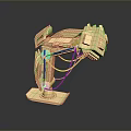 Futuristic Golden Mechanical Game Movie Character With Red Cables And Metallic Base