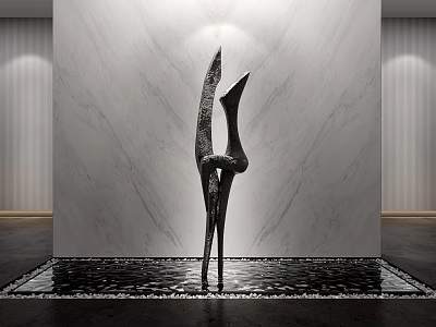 Black Modern Sculpture With Unique Upward Stretching Design On Marble Wall Background And Stone Floor 3d model