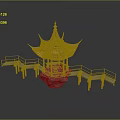 Traditional Chinese Pavilion Architecture with Overhanging Eaves Roof Red Pillars Connecting Bridges and Stone Platform