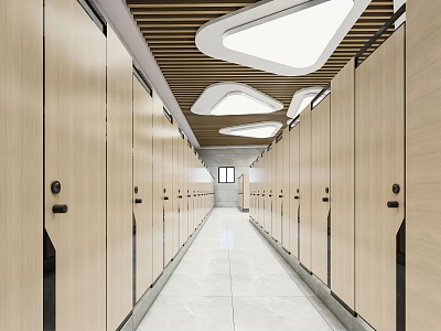 Public Restroom Interior With Modern Wooden Stalls Ceiling Lights And Clean Floor 3d model