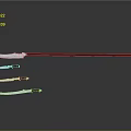 Traditional Long Handled Weapon with Red Shaft and Silver Blade and Smaller Components in Reflections