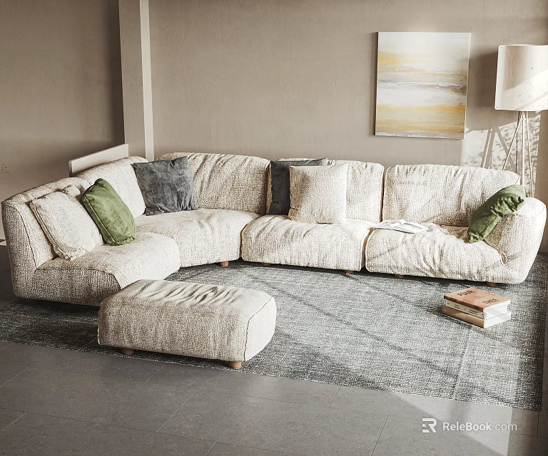 Cozy Beige Sectional Sofa With Green Gray Cushions Ottoman And Living Room Rug 3d model 