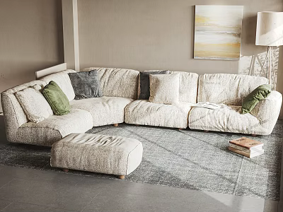 Cozy Beige Sectional Sofa With Green Gray Cushions Ottoman And Living Room Rug 3d model