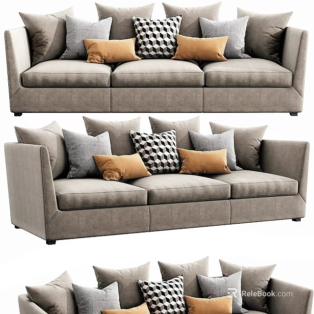 Gray Multi Seater Sofa With Multiple Decorative Pillows In Brown Gray And Checkered Patterns 3d model