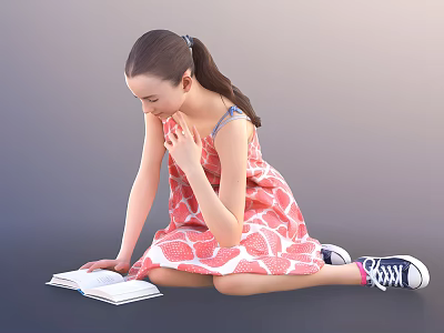 Woman Sitting on Floor Reading Book in Pink Floral Dress with Sneakers and Ponytail 3d model