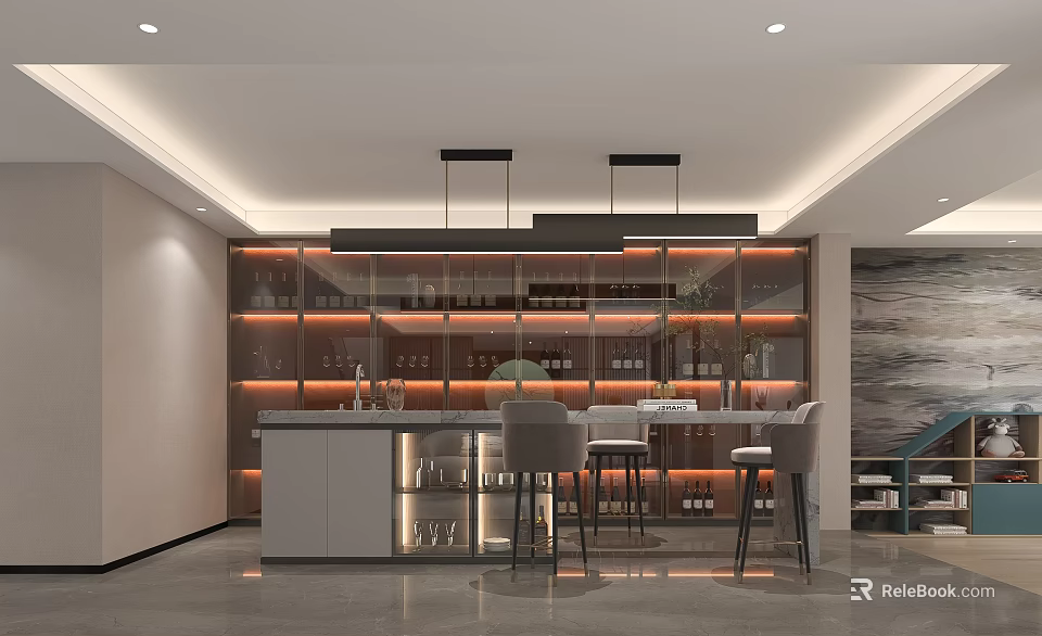 Modern Bar Area Design With High Stools And Lit Wine Racks 3d model 