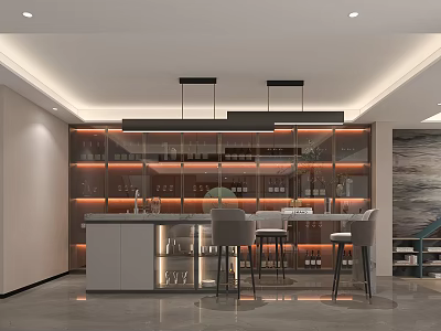 Modern Bar Area Design With High Stools And Lit Wine Racks 3d model