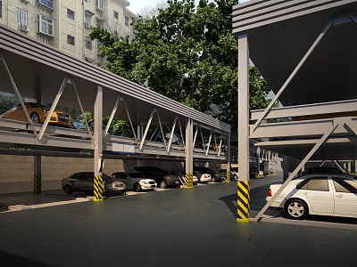 Multi Level Parking Garage Featuring Steel Supports Yellow Black Striped Pillars Parked Cars Surrounding Trees 3d model