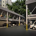 Multi Level Parking Garage Featuring Steel Supports Yellow Black Striped Pillars Parked Cars Surrounding Trees