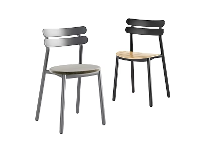 Two Modern Dining Chairs With Metal Frames Wooden Seats And Curved Backrests 3d model