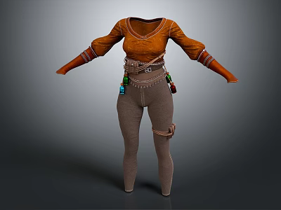 Adventurous Outfit With Orange Long Sleeve Top Brown Tight Pants And Decorative Belt 3d model