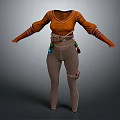 Adventurous Outfit With Orange Long Sleeve Top Brown Tight Pants And Decorative Belt