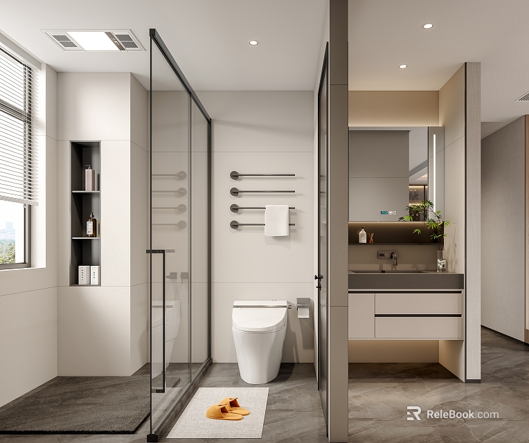 Modern Bathroom Interior Design With Glass Shower Toilet Vanity Mirror And Gray Flooring 3d model 