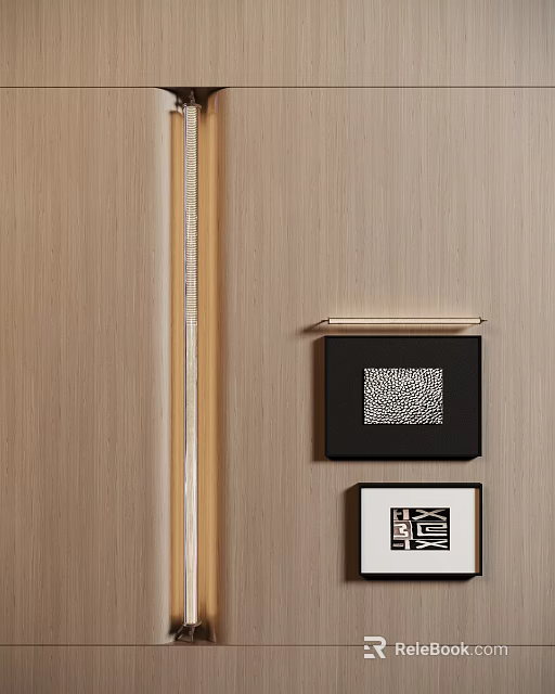 Modern Wall Lamp Design On Wooden Wall With Decorative Framed Art 3d model 