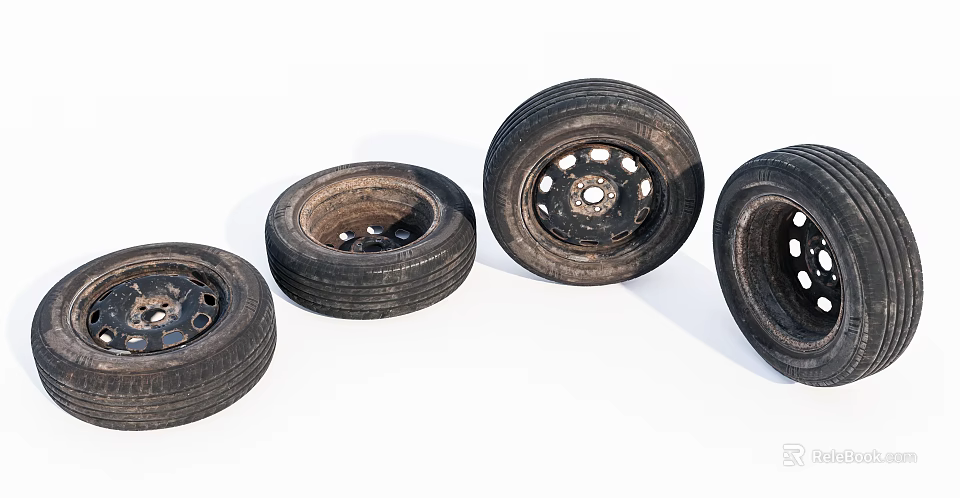 Four Worn Automotive Tires With Metal Rims Arranged On White Background 3d model 