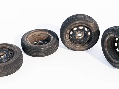 Four Worn Automotive Tires With Metal Rims Arranged On White Background 3d model