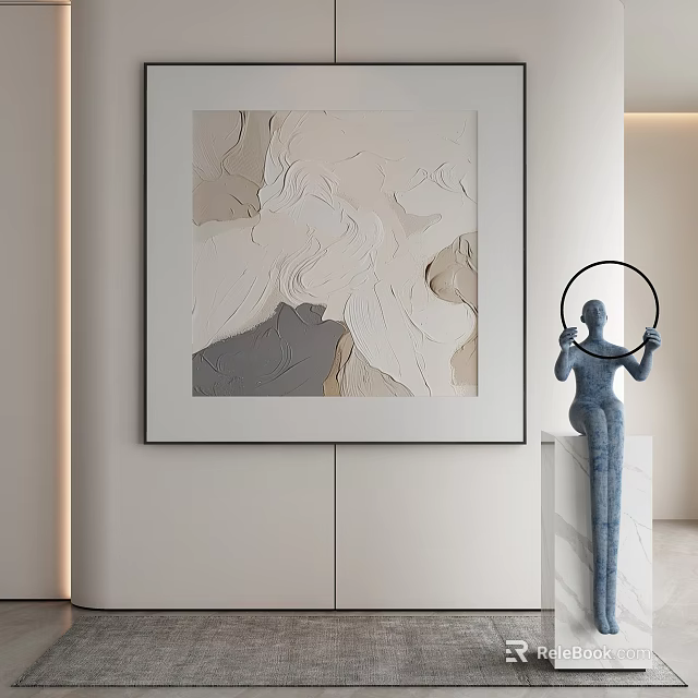 Textured Abstract Painting with Blue Sculpture on Marble Pedestal in Modern Interior 3d model 