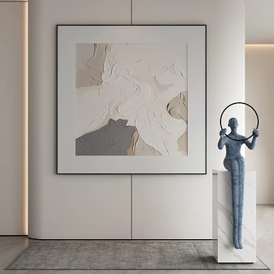 Textured Abstract Painting with Blue Sculpture on Marble Pedestal in Modern Interior 3d model
