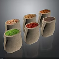 Several Burlap Sacks Filled with Assorted Colored Food Grains on Dark Reflective Surface
