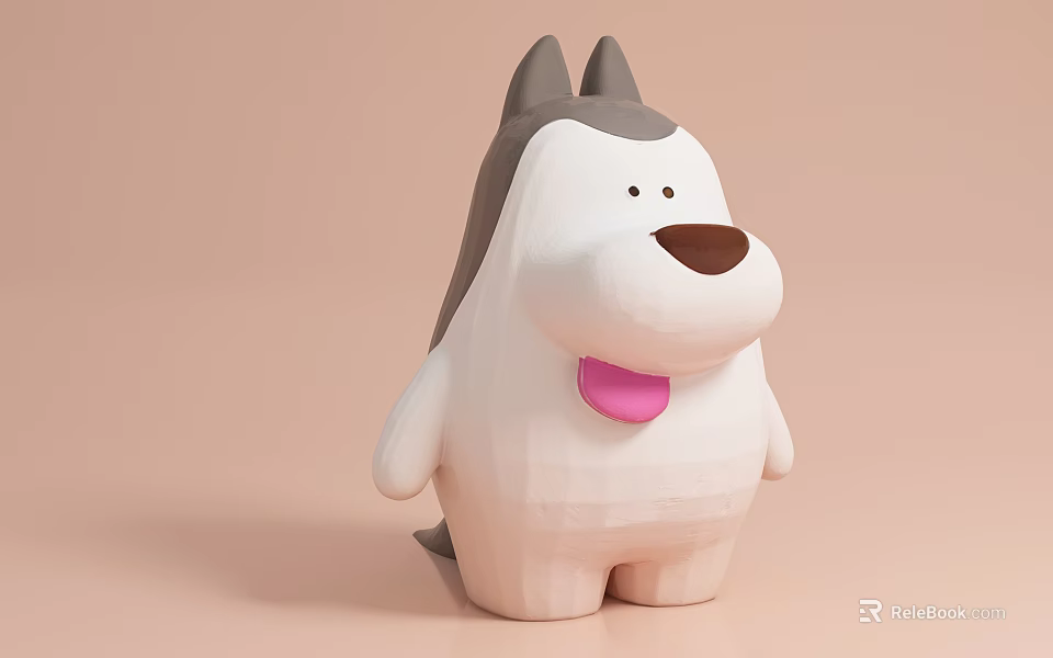 Cute Playful Cartoon Dog Sculpture With White Gray Body Pink Tongue And Ears 3d model 
