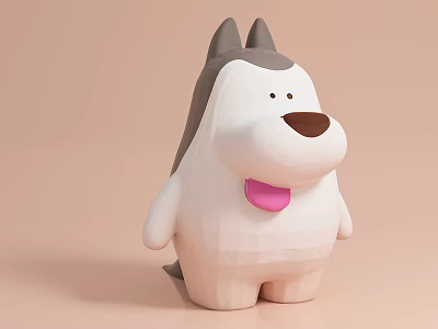 Cute Playful Cartoon Dog Sculpture With White Gray Body Pink Tongue And Ears 3d model