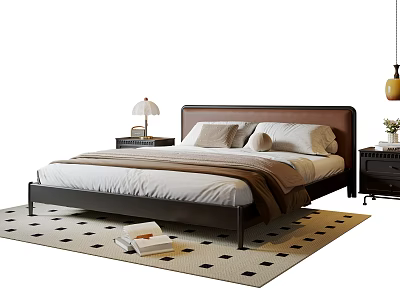 Modern Double Bed with Bedside Tables Table Lamp and Black White Square Rug 3d model