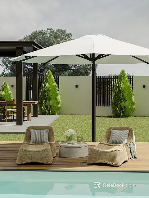 Outdoor Wooden Table In Backyard With Rattan Chairs White Umbrella Grass And Green Plants 3d model 
