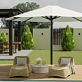 Outdoor Wooden Table In Backyard With Rattan Chairs White Umbrella Grass And Green Plants