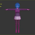 Anime Style Character With Blue Purple Hair Dark Coat White Plaid Skirt And Outstretched Arms