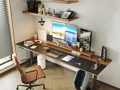 Modern Home Office Desk With Computer Monitor Keyboard Mouse Stationery And Decorative Shelf 3d model
