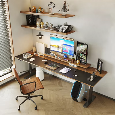 Modern Home Office Desk With Computer Monitor Keyboard Mouse Stationery And Decorative Shelf 3d model