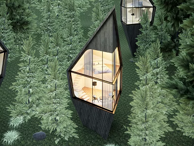 Modern Forest Guesthouse With Geometric Wooden Structure Glass Windows And Warm Interior Lights 3d model