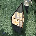 Modern Forest Guesthouse With Geometric Wooden Structure Glass Windows And Warm Interior Lights