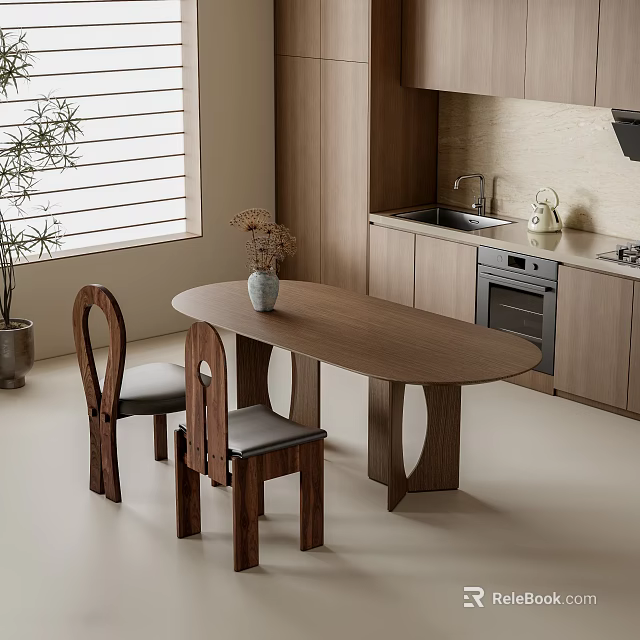 Modern Stylish Dining Table Set With Oval Wooden Table And Unique Designed Chairs 3d model