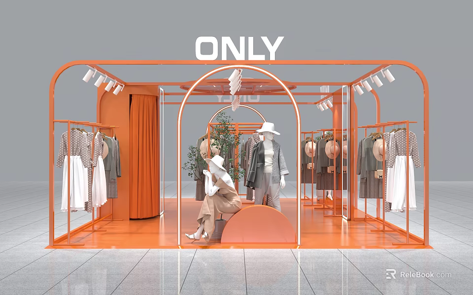 ONLY Clothing Store Interior Featuring Orange Frame Arched Design Mannequins And Clothes 3d model 