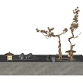 Decorative Zen Miniature Garden With Gray Rectangular Base White Sand Stones Styled Tree And Lanterns 3d model