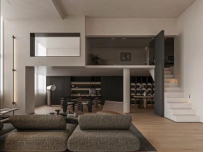 Modern Duplex Living Room Interior With High Ceiling Staircase Gray Sofa And Wooden Floor 3d model