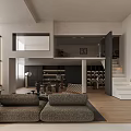 Modern Duplex Living Room Interior With High Ceiling Staircase Gray Sofa And Wooden Floor
