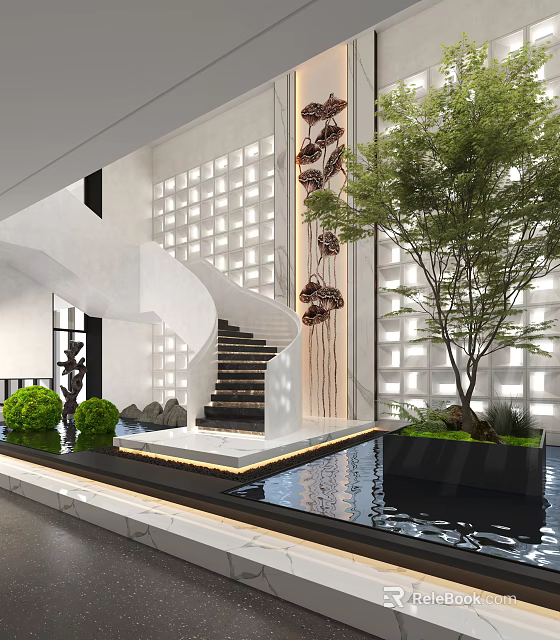 Interior Space With Staircase Water Feature And Greenery 3d model